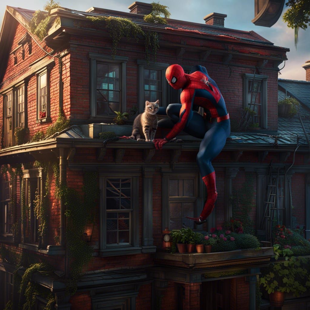 Spiderman Rescues Cat: Detailed Fantasy Concept Art