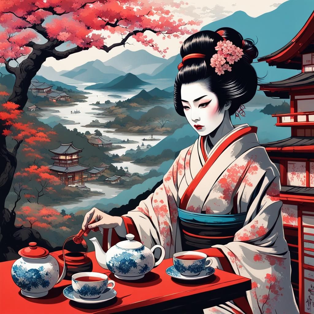 Geisha Serving Tea in Ukiyo-e Style