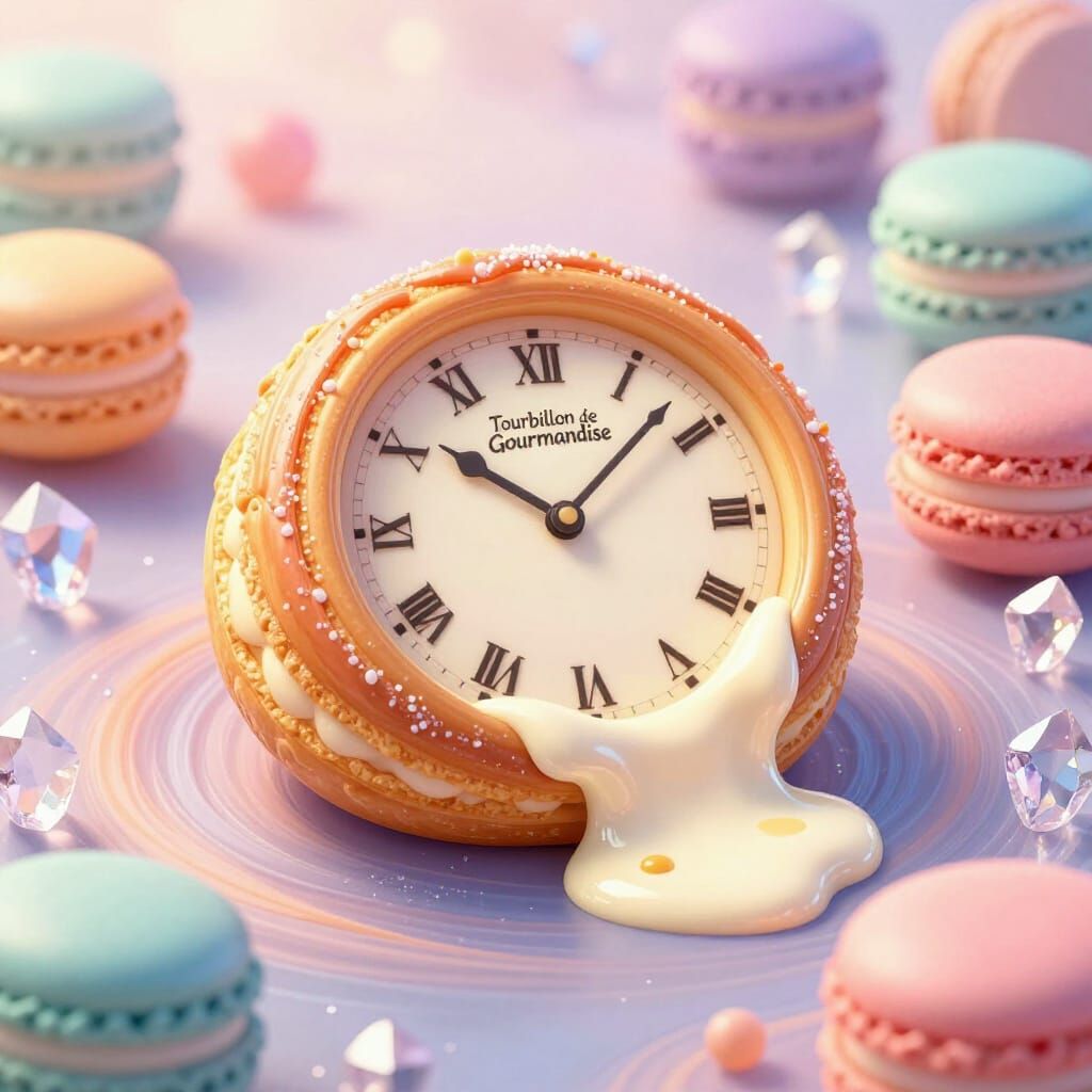 Melting Clockwork Pastry in Surrealist Macaron Dreamscape