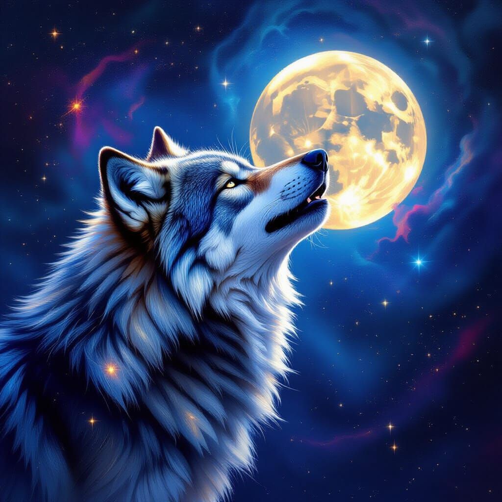 Cosmic Wolf Howling at Celestial Moon