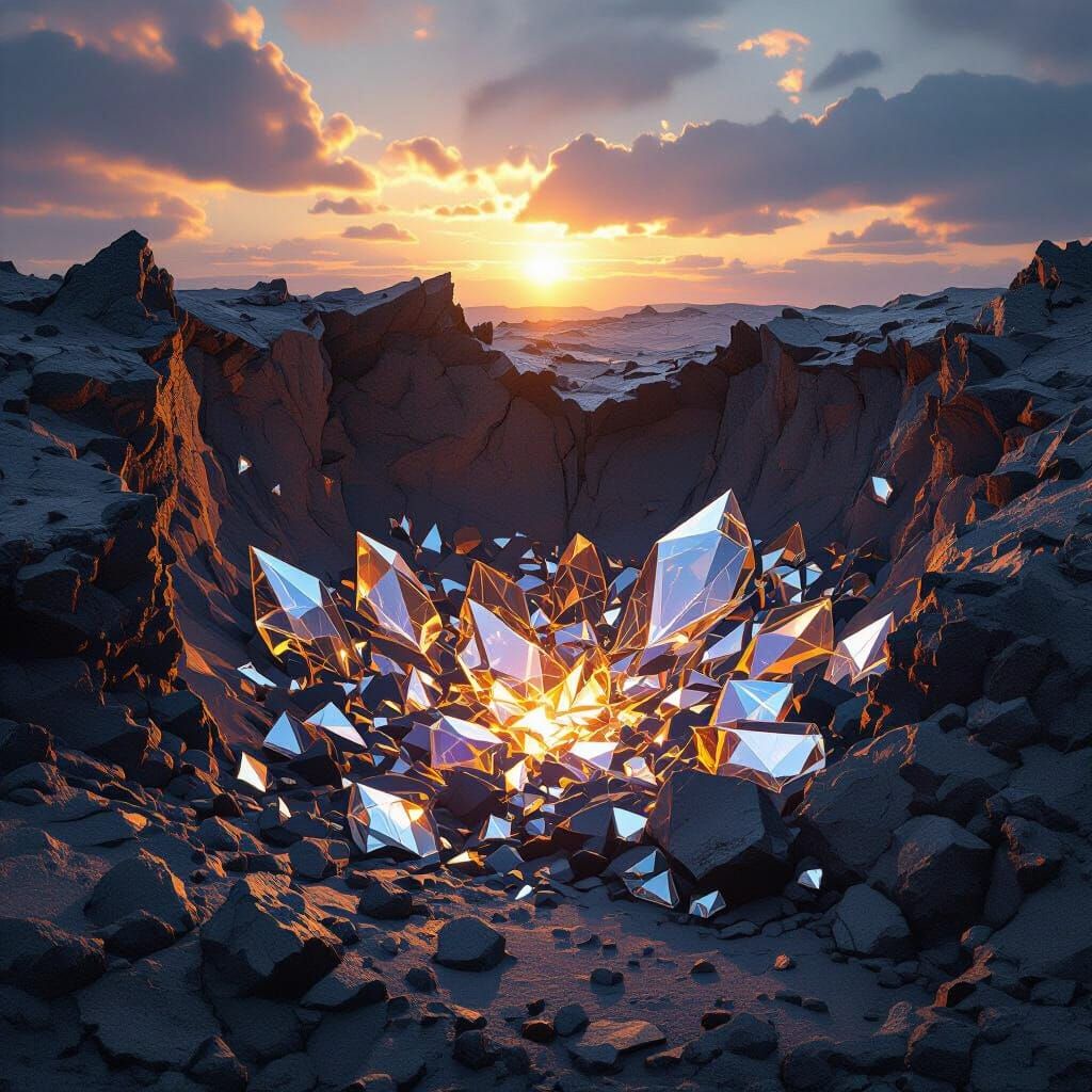 Volcanic Crater With Crystal Lens Fragments - Dark Fantasy A...