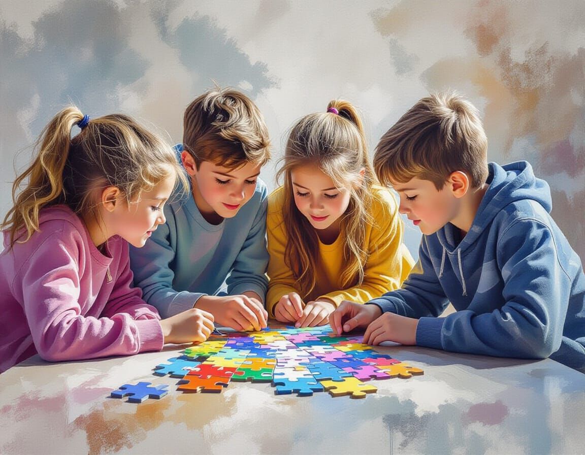 Children Collaborate on Puzzle: Watercolour Realism