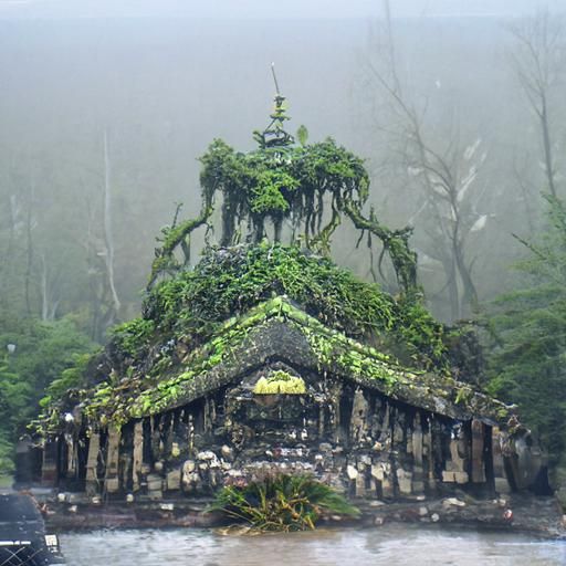 Moss Temple in Foggy Rainforest