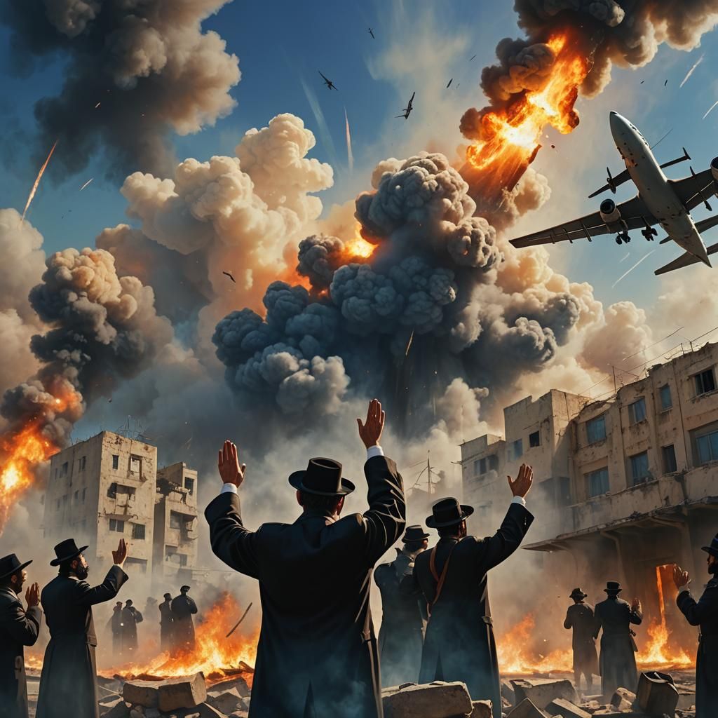 Orthodox Jews Pray as Plane Bombs Lebanon: Digital Art