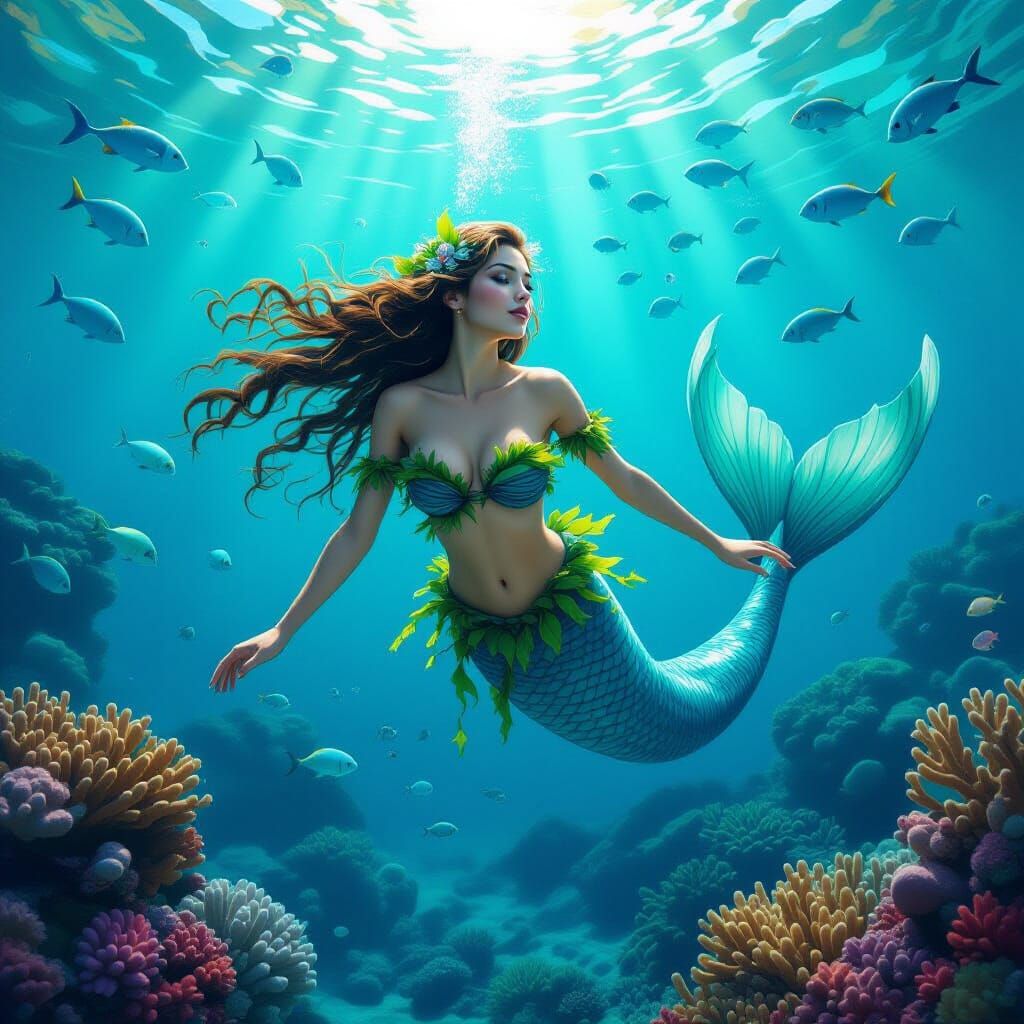 Photorealistic Mermaid Under the Sea with Coral