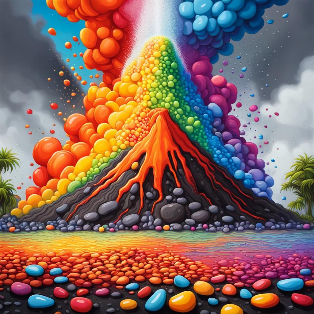Volcano Eruption with Rainbow Rocks in Graffiti Art