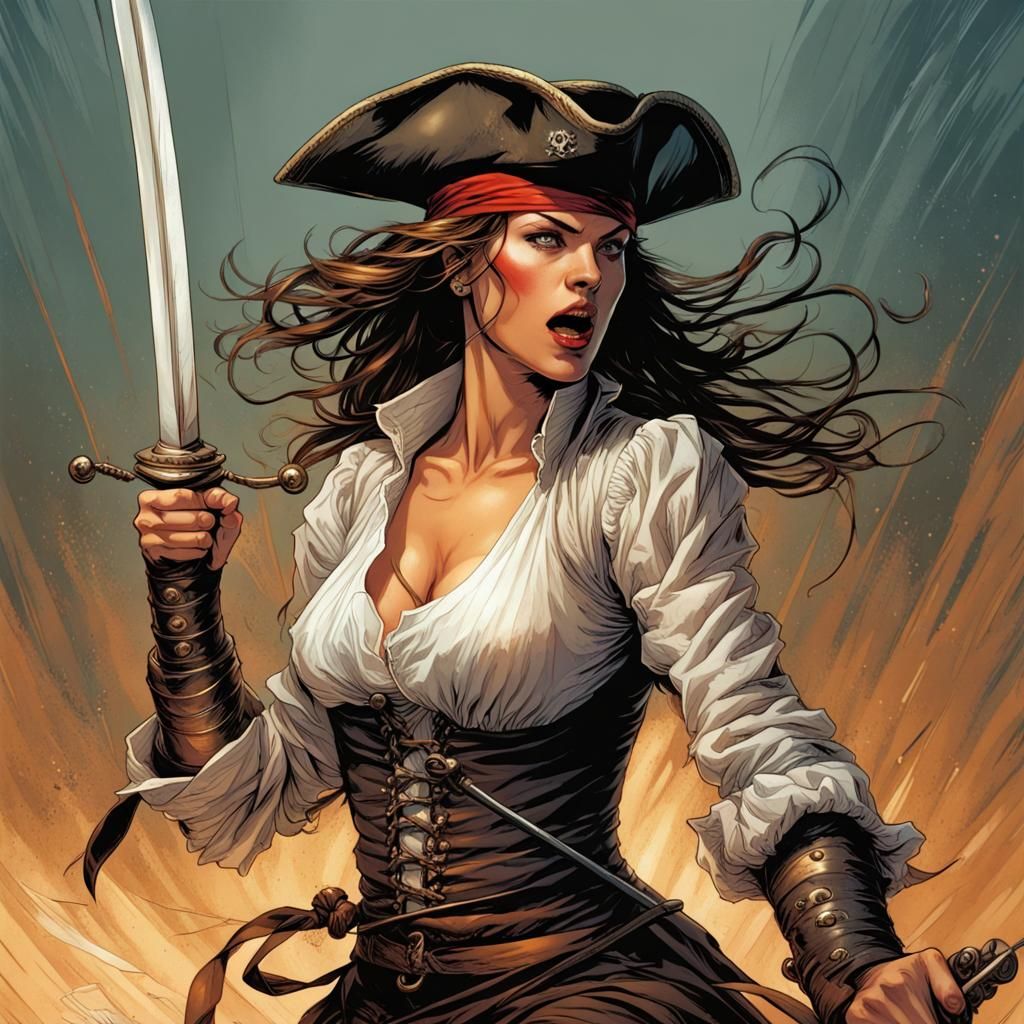Furious Pirate Woman with Sword in Comic Book Art