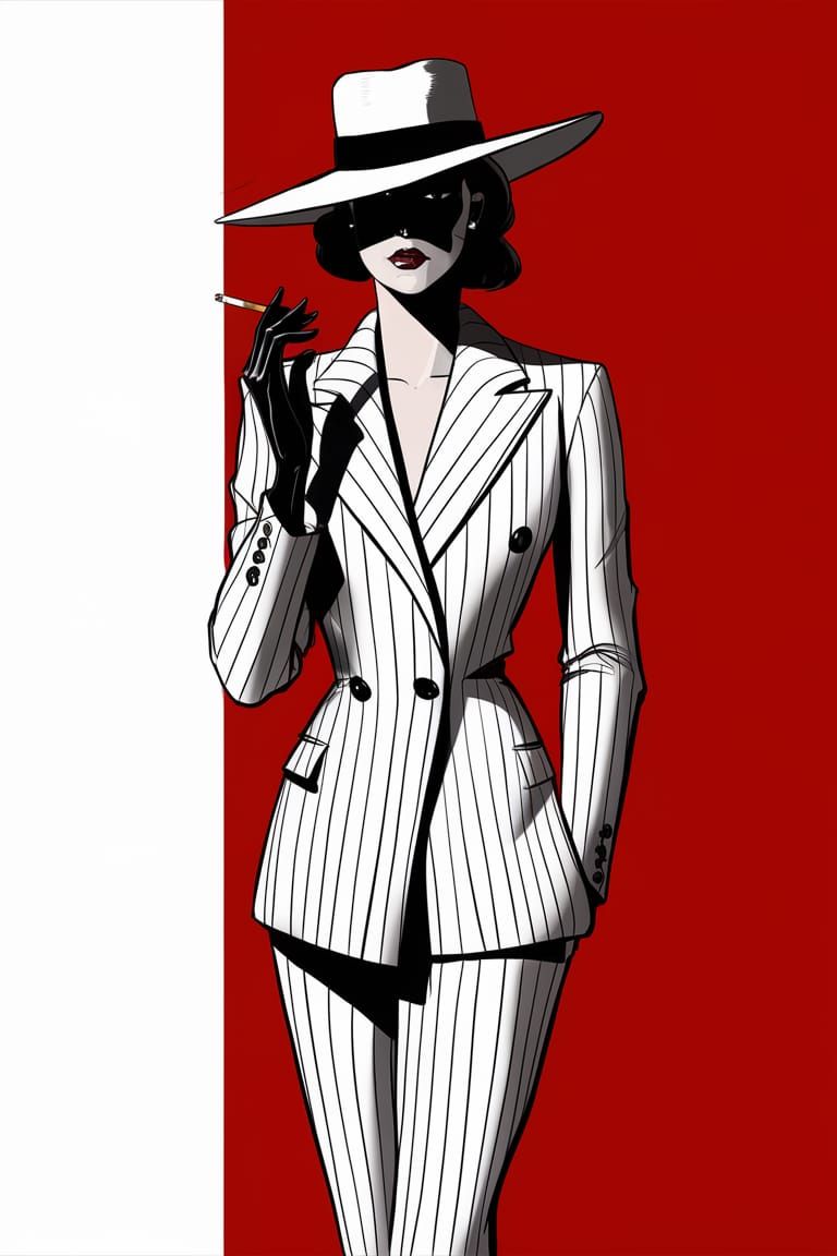 Noir Woman in White Suit with Red Background