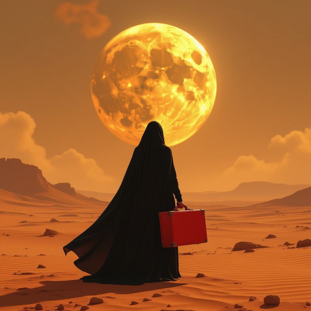 Woman Opens Suitcase on Mars Under Golden Moon