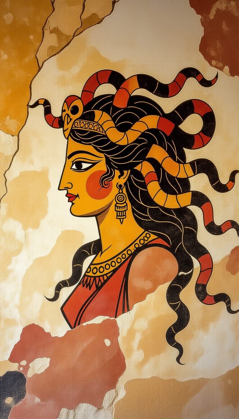 Ancient Cave Painting of Medusa in Ochre and Charcoal