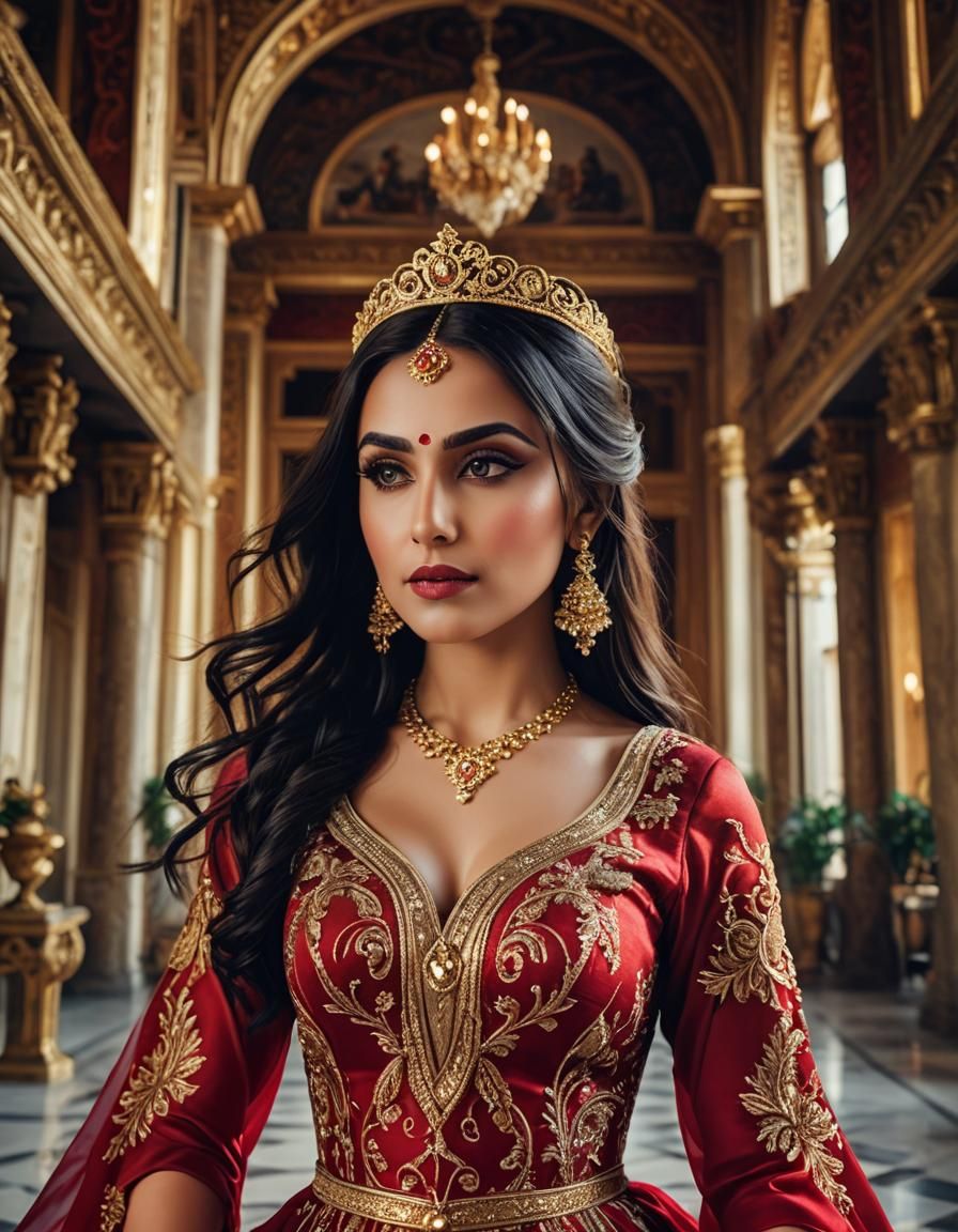 Beautiful Rani in Opulent Palace: Fantasy Illustration