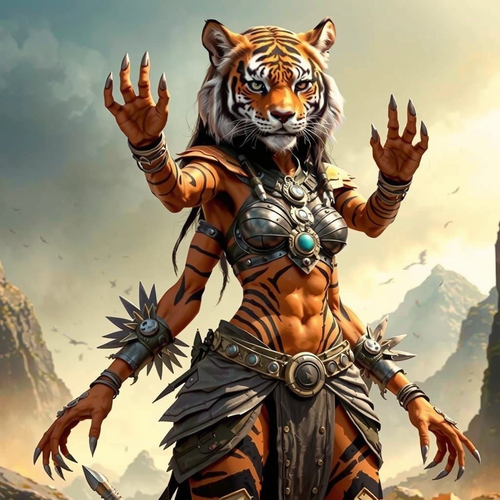 Four-Armed Tiger Alien Woman in Stone Age Outfit