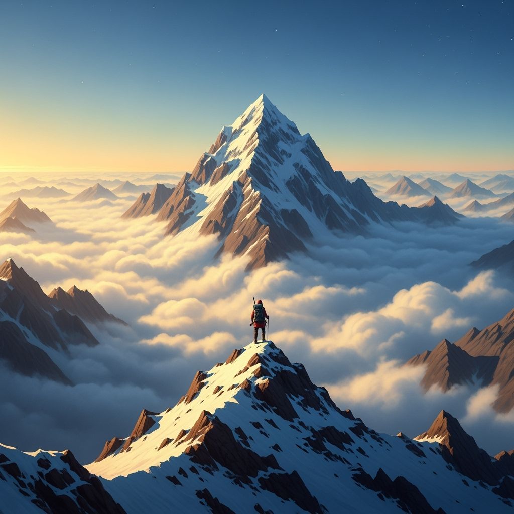 Lone Adventurer on Snow-Capped Mountain Peak at Golden Hour