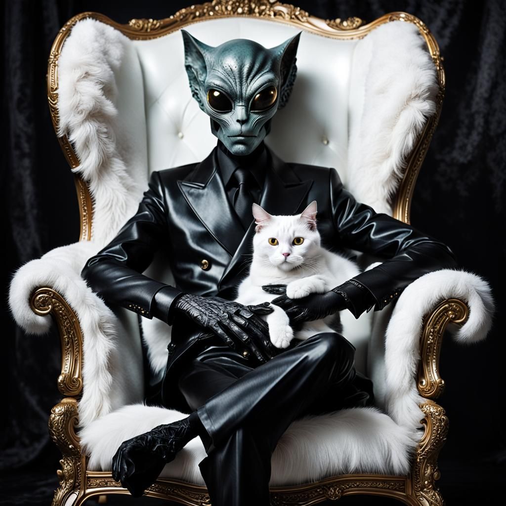 Grey Alien and White Cat in Surreal Digital Art