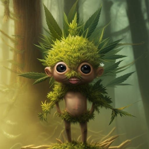 Hemp Creature with Cannabis Bloom Head in Chibi Style