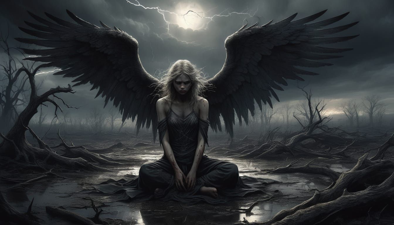 Fallen Angel Kneeling in Desolate Wasteland