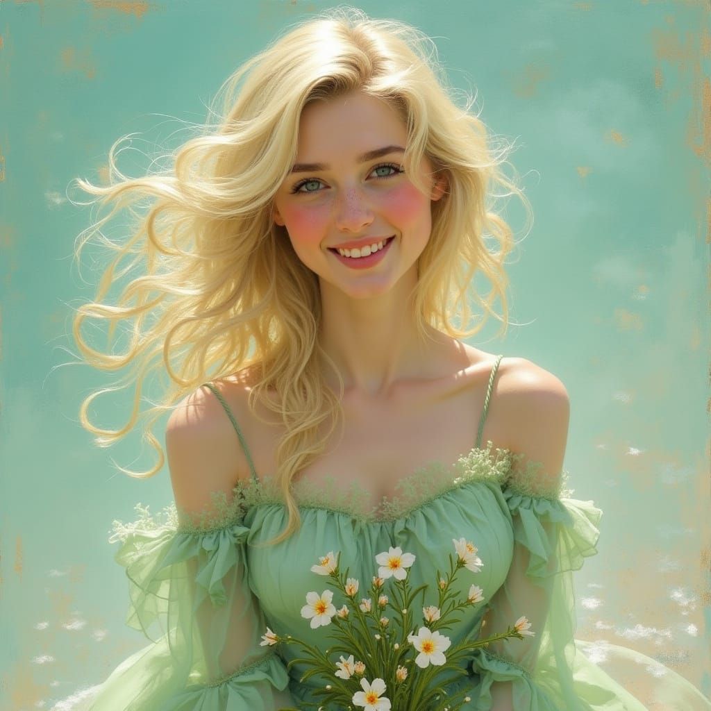 Blonde European Girl in Pastel Colors with Delicate Brushstr...
