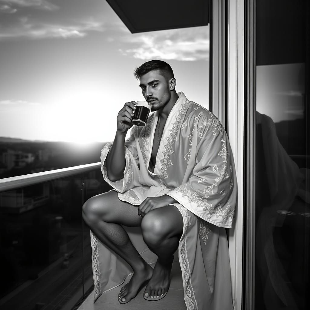 Muscular Man on Balcony at Sunrise: Photorealistic Image