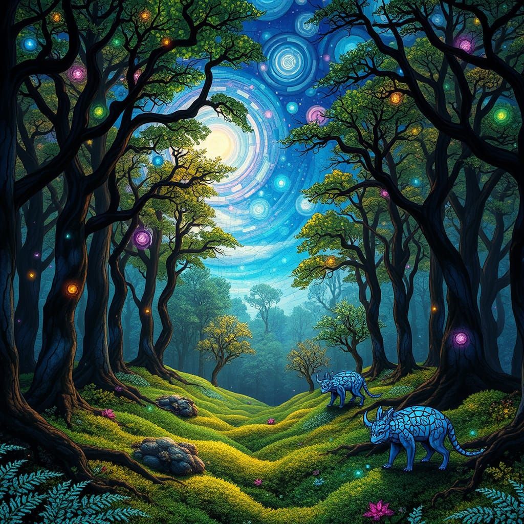 Stained Glass Forest Glade with Bioluminescent Moss