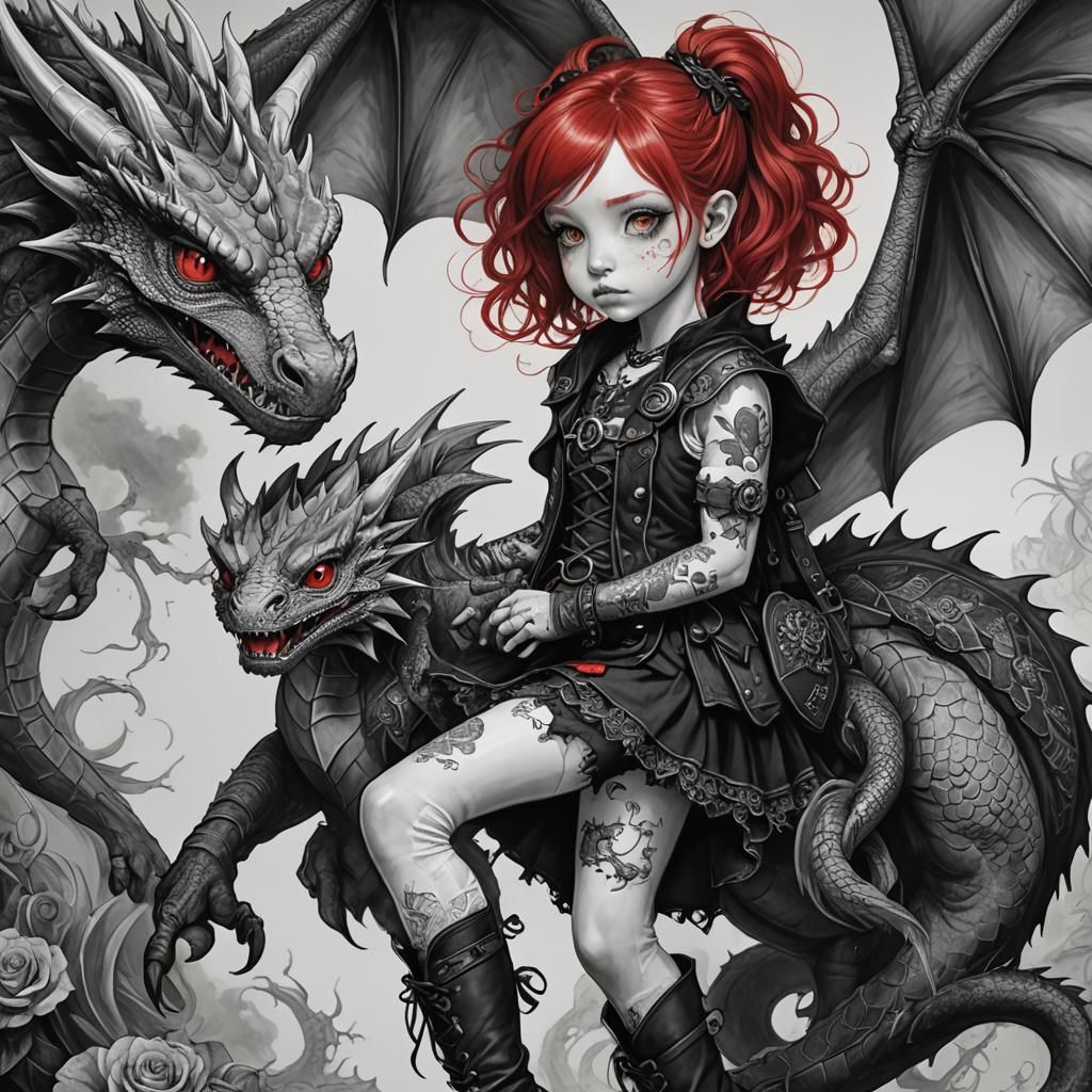 Gothic Woman with Dragons: Charcoal Drawing