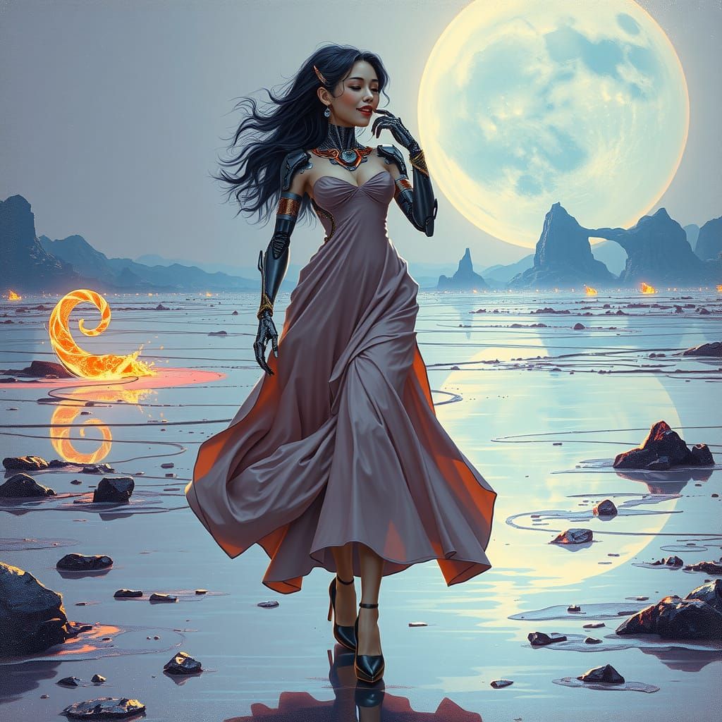 Robotic Goddess Laughing on Barren Planet