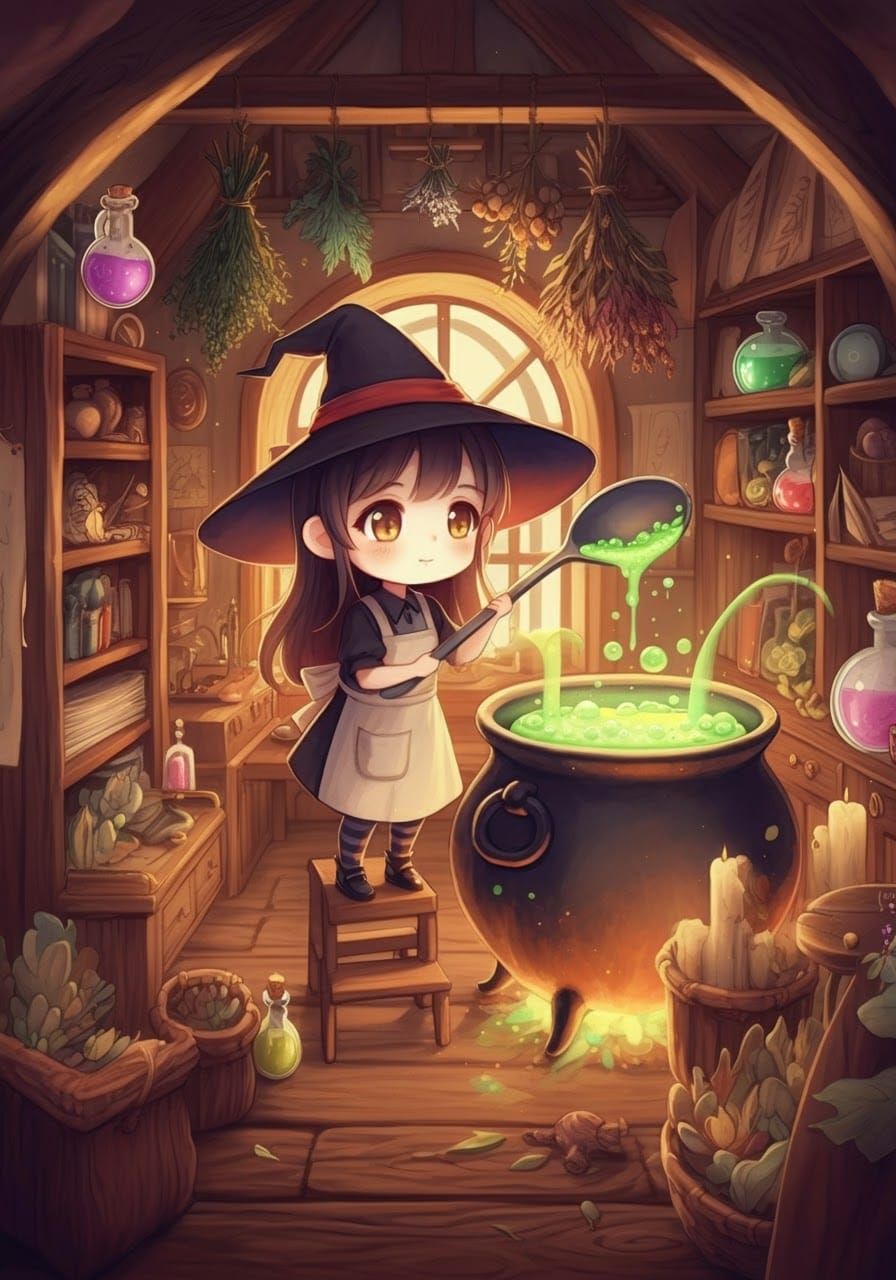 Tabitha the little witch, brewing up a potion.