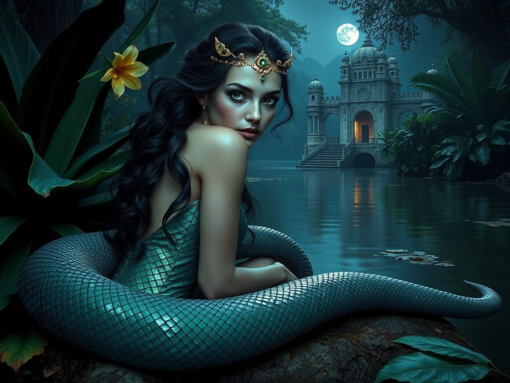 Snake Goddess in Moonlit Jungle Sanctuary