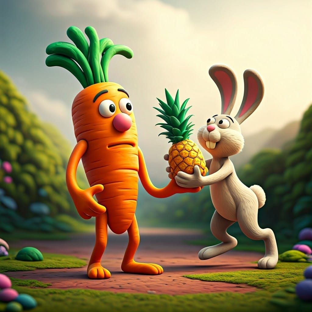 Vibrant Plasticine Scene of Carrot and Pineapple Chase