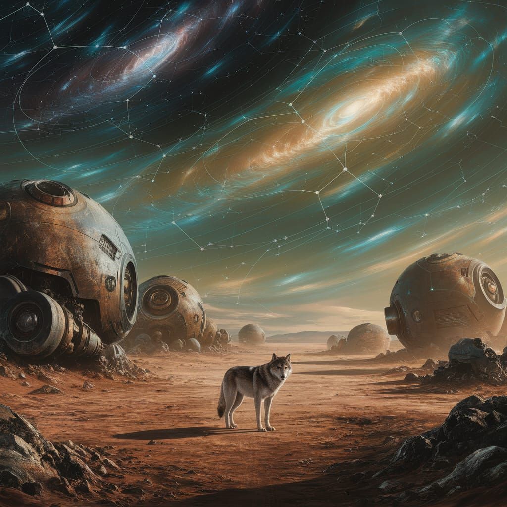 Lone Wolf Under Cosmic Nebulae in Dark Fantasy Style