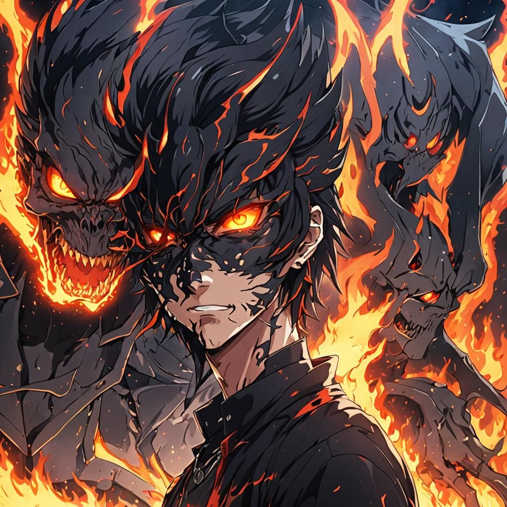 Powerful Half-Demonic Soul with Neon Eyes in Anime Style