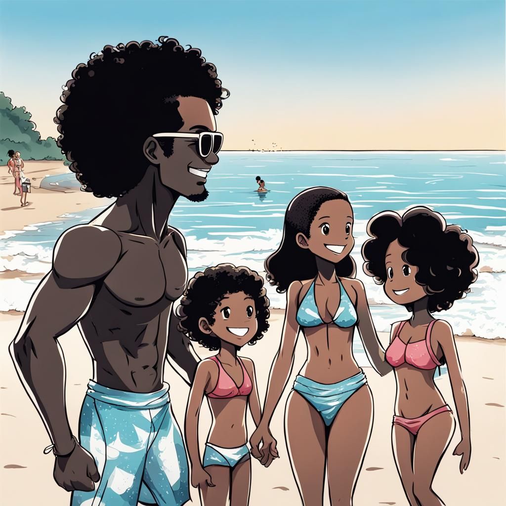 Happy Black Family at the Beach in Manga Style