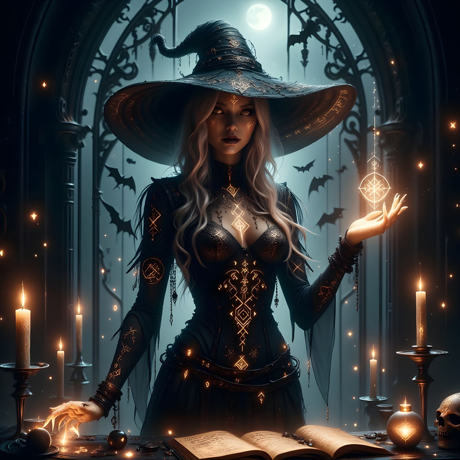 Enchanting Witch Summoning Magic in Gothic Chamber