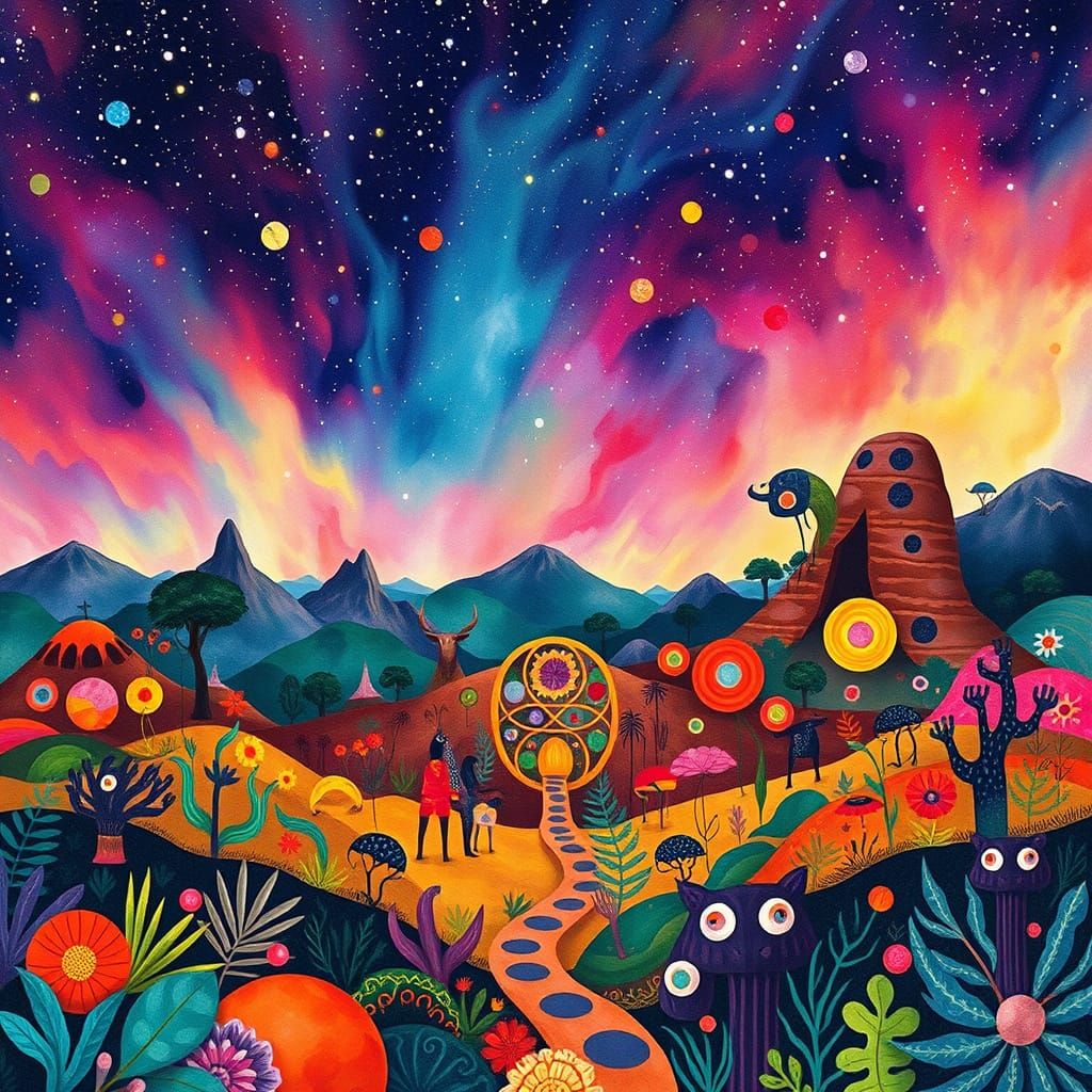 Surreal Watercolor Landscape in Afrofuturist Style with Vibr...