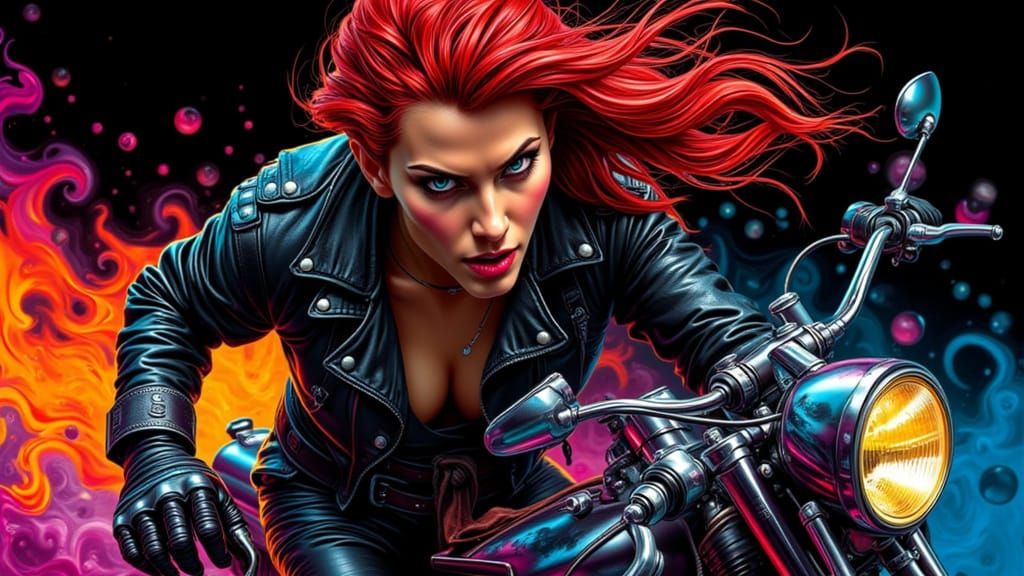 Biker Girl on Harley in Airbrush Style