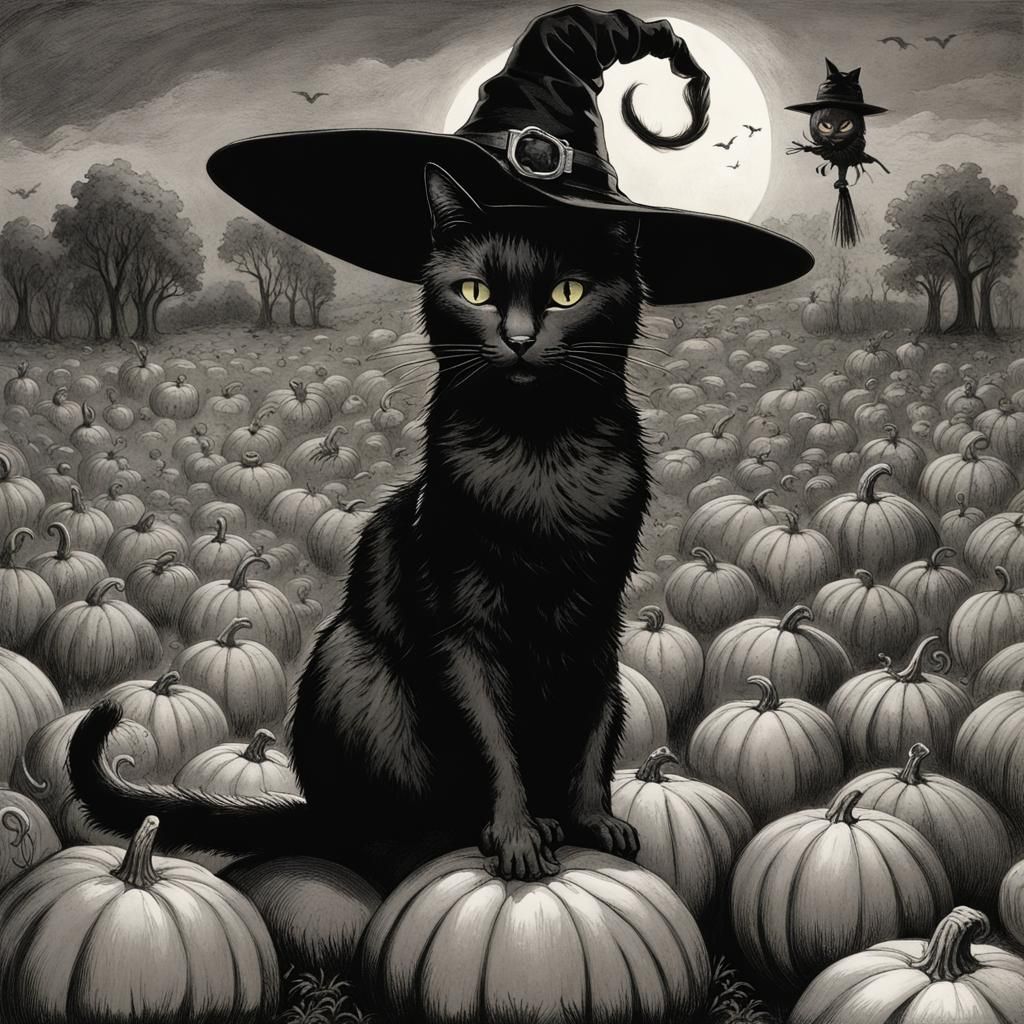 Black Cat Witch in Pumpkin Patch, Gothic Horror Style