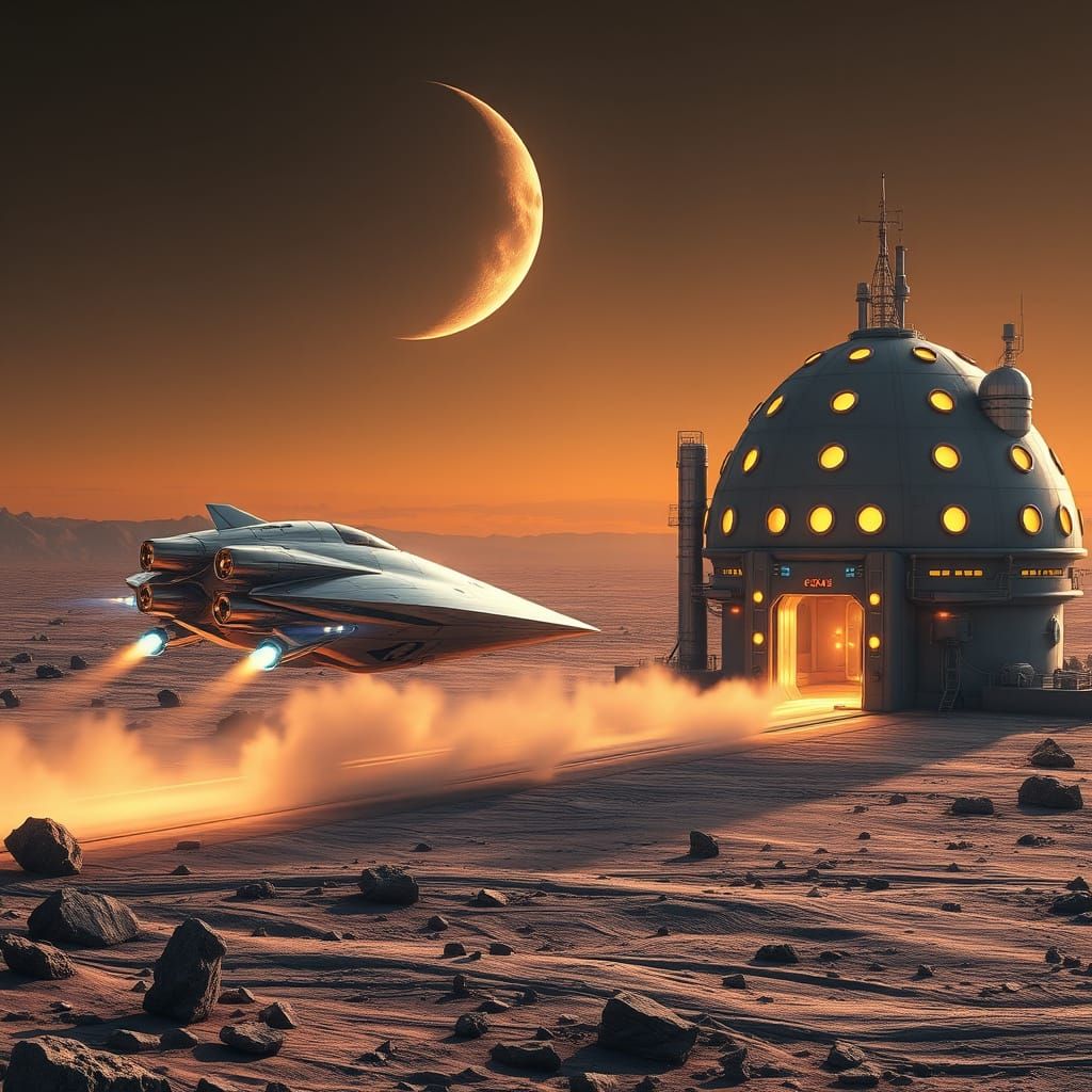 Sleek Spaceship Lands on Lunar Base with Geodesic Space Stat...