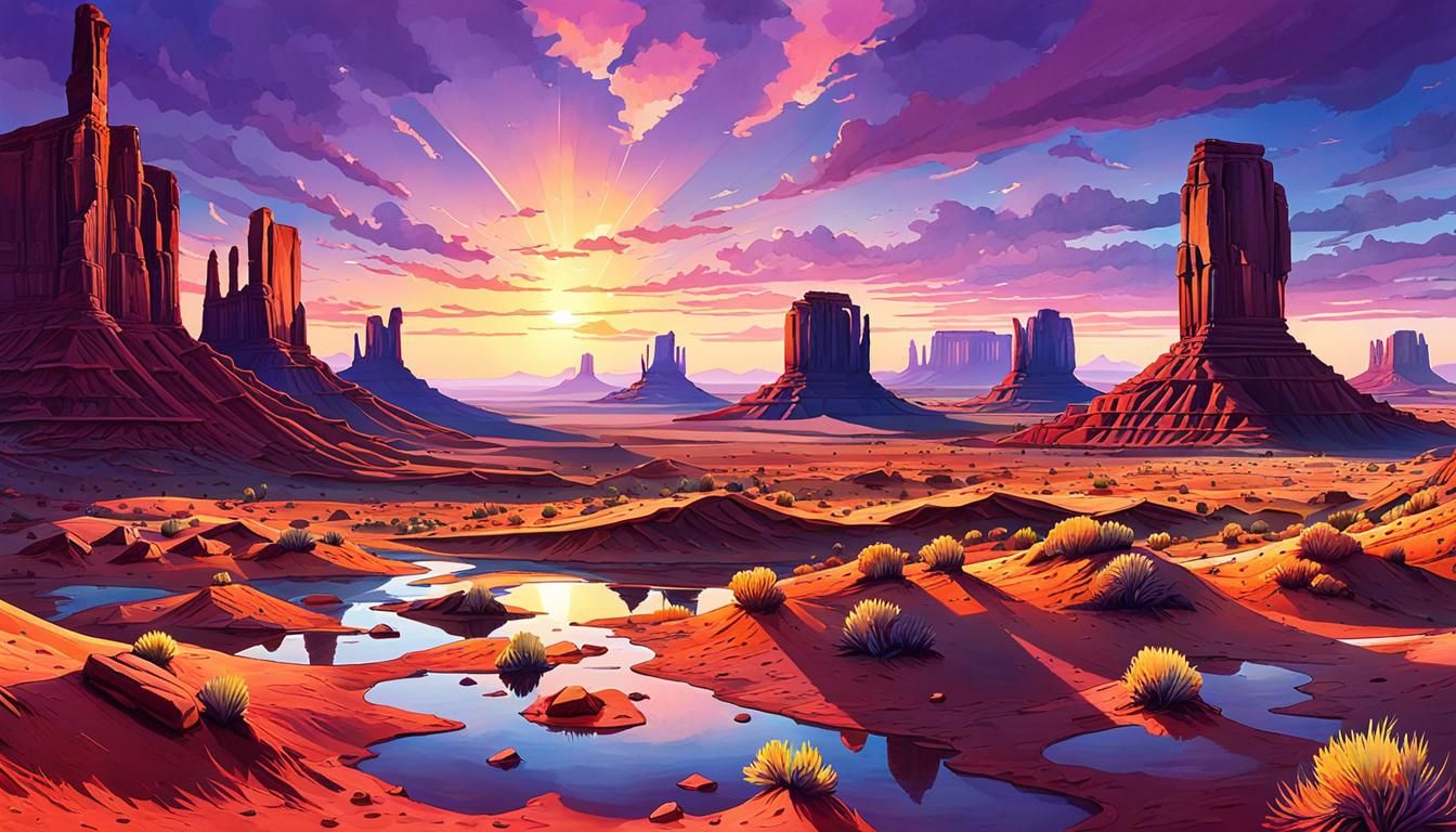 Surreal Sunset in Monument Valley, as Panoramic Watercolor