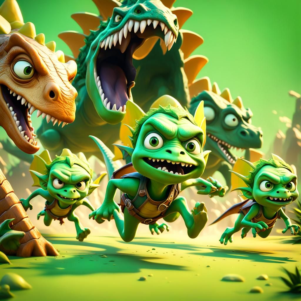 Goblins Running from Dinosaur: 3D Cartoon Art
