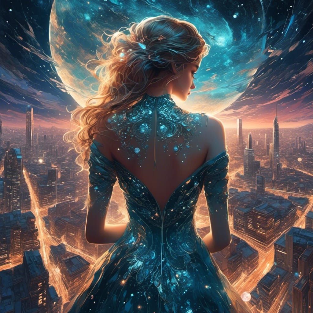 Girl Gazing at Starry Night Sky: Cosmic Illustration