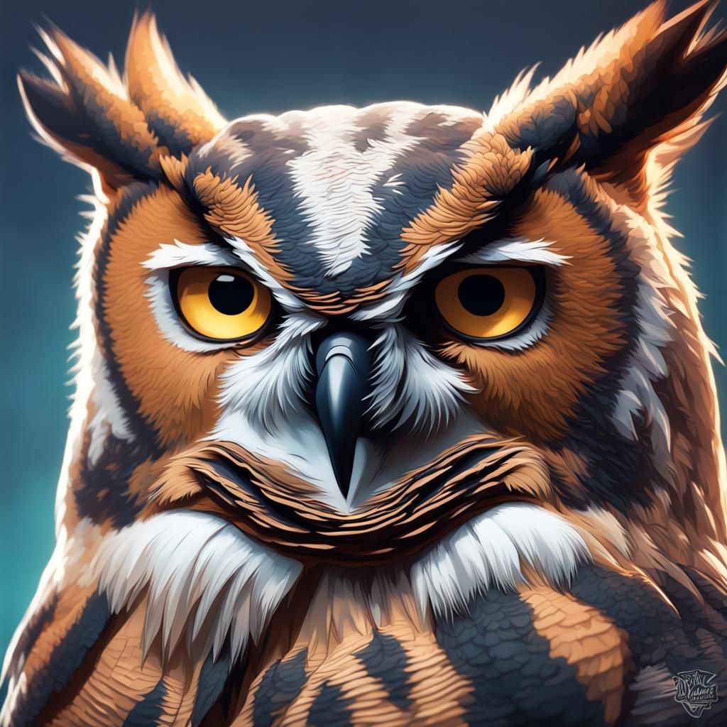 Great Horned Owl Portrait in Art Nouveau Style