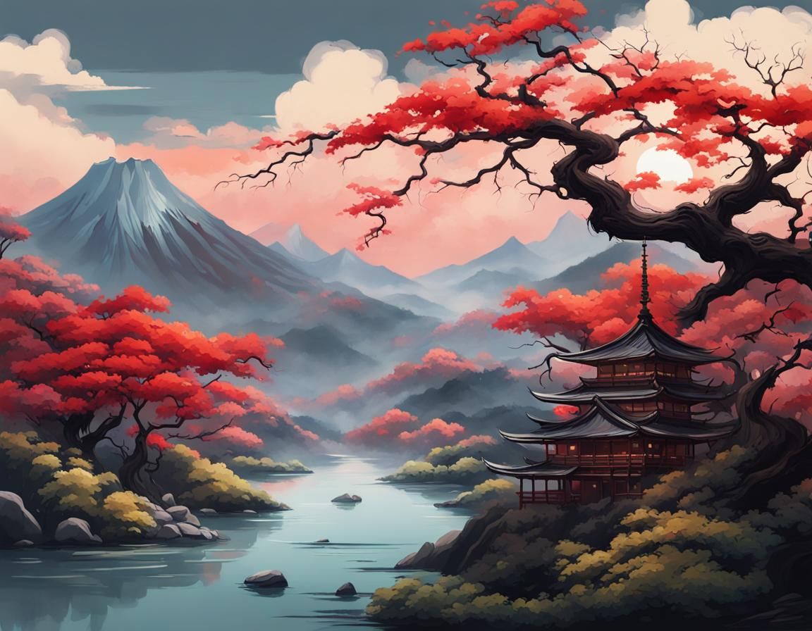 Japanese Landscape in Acrylic Paint-by-Number Style