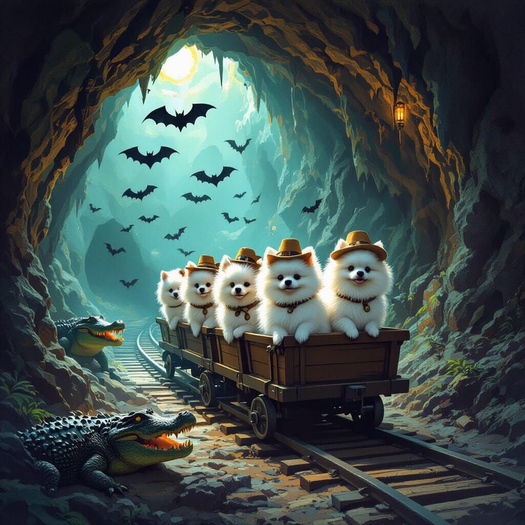 Pomeranians Explore Spooky Cave for Ghosts in Mine Cart