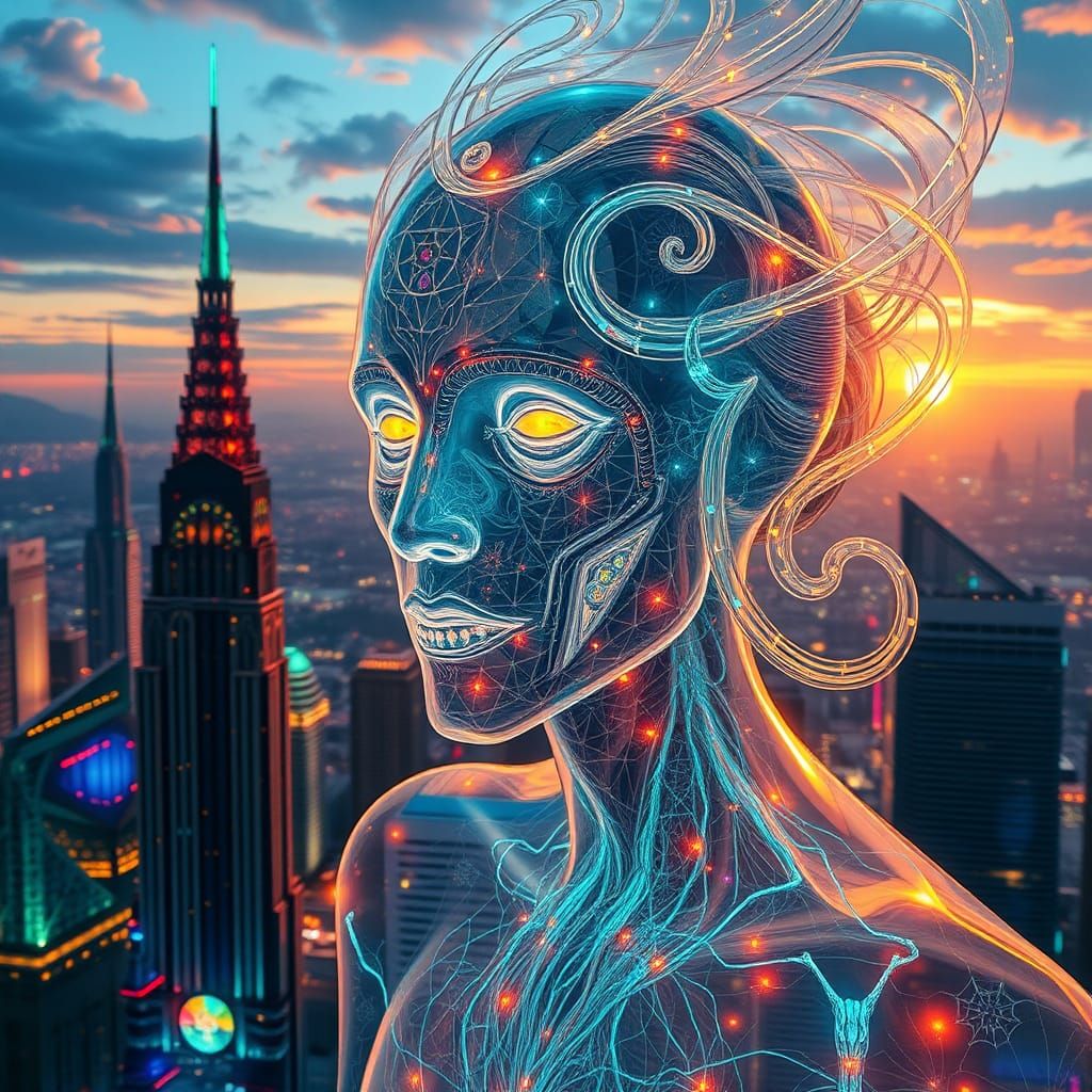 Ethereal Shaman in a Futuristic Cityscape