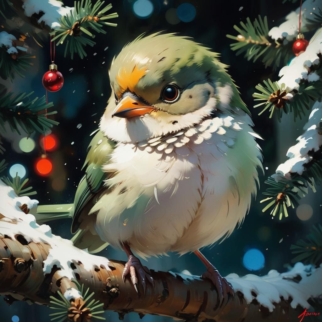 Cute Bird in Christmas Tree: Anime-Inspired Oil Painting