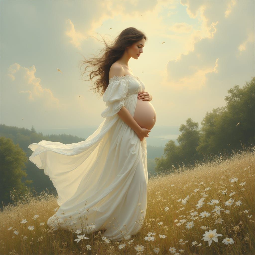 Pregnant Woman in Serene Landscape, Elegant Realism