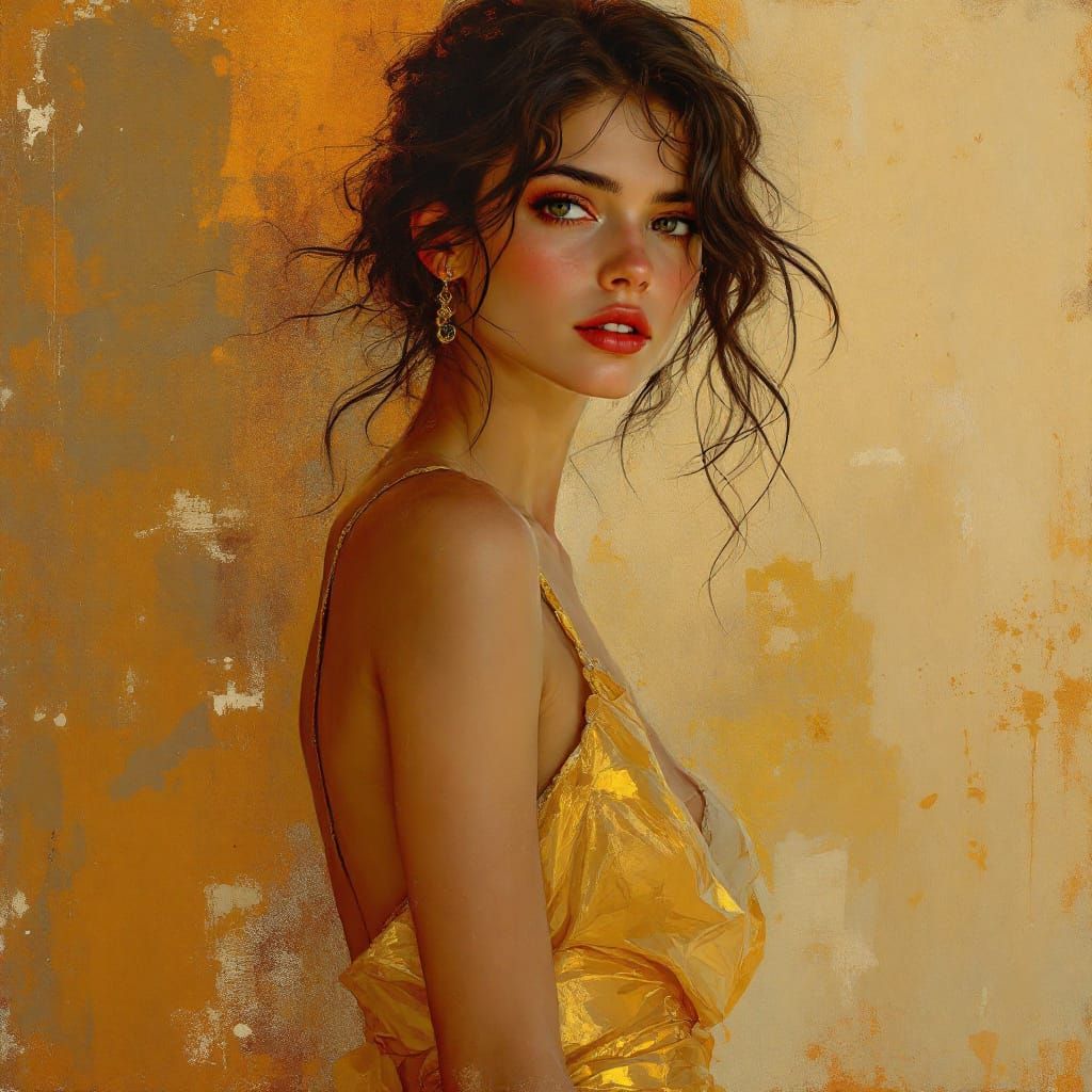 Swedish Pin-Up Woman in Gold Dress, Seville Sunset