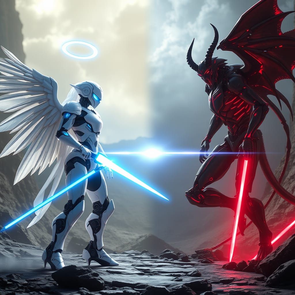 Futuristic Battle: Angelic Robot vs Cybernetic Demon
