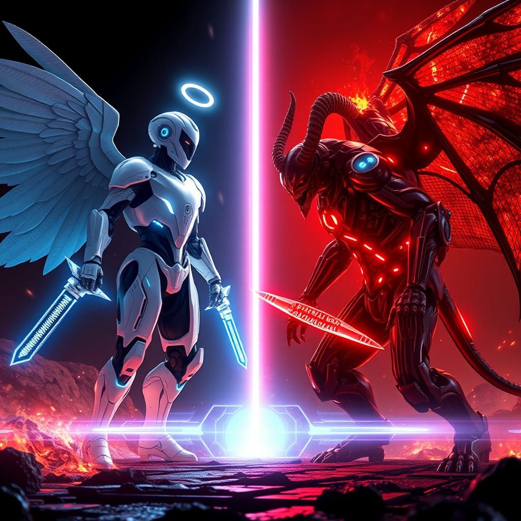 Futuristic Angel vs Demon Battle in Photorealistic Style