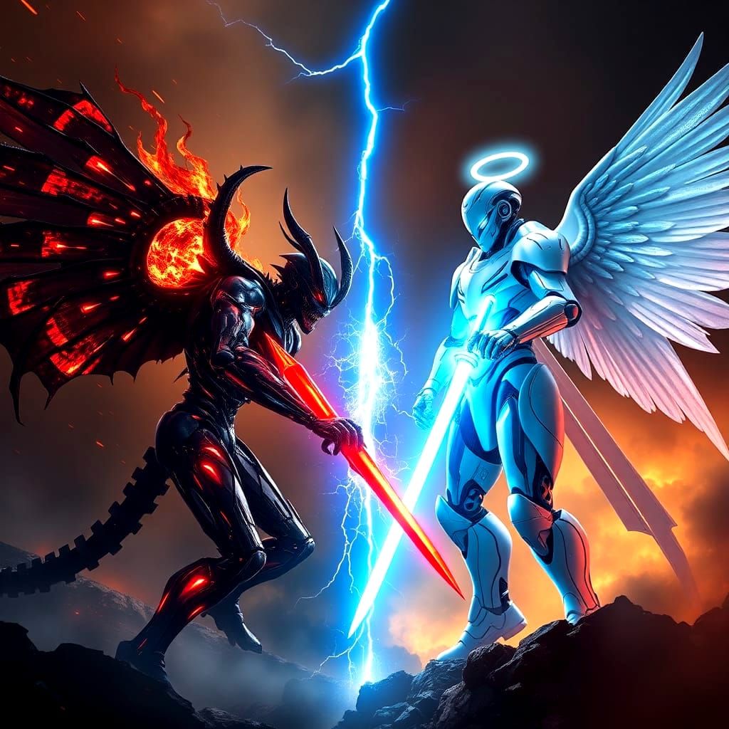Angelic Robot vs Cybernetic Demon in Epic Battle