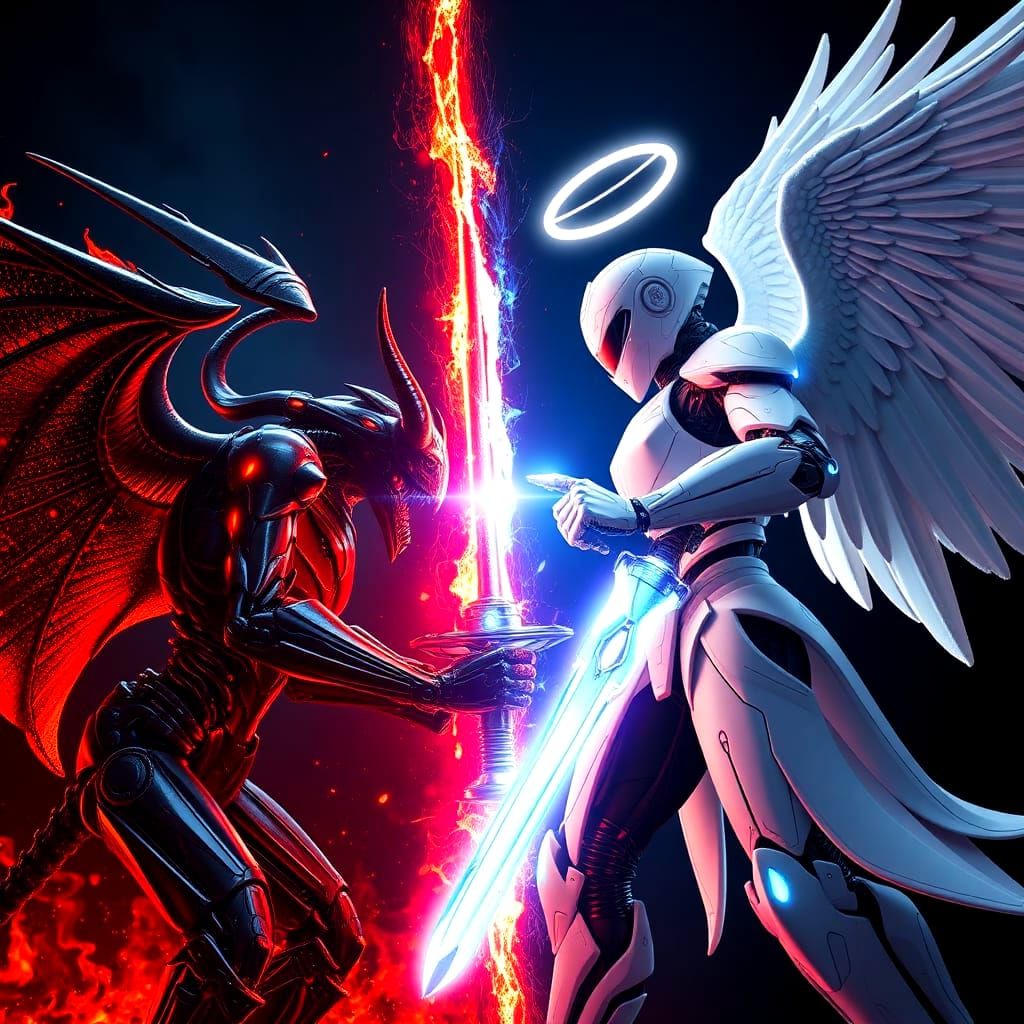 Angelic Robot vs Demonic Cybernetic Creature in Epic Battle